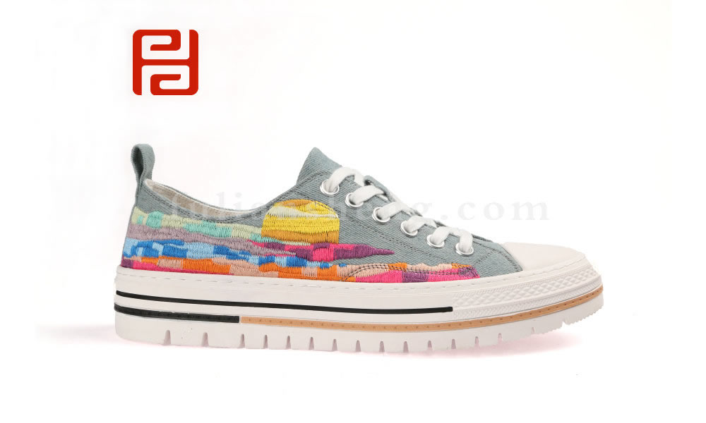 福連升男士刺繡印象派插畫系帶水洗帆布鞋板鞋老北京布鞋圖片