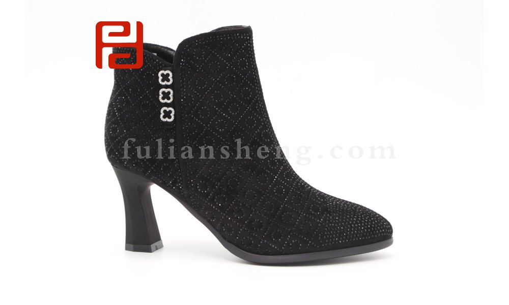 福連升時尚單靴高跟鞋女水鉆棉麻舒適短靴女靴圖片
