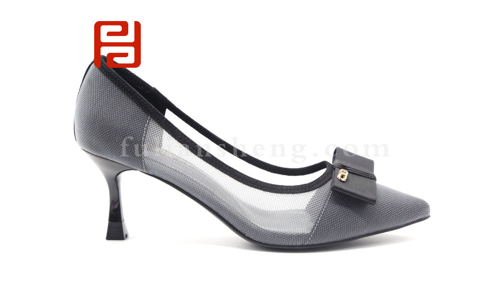 福連升夏季蝴蝶結小香風裸色網紗細跟涼鞋女淺口中跟女鞋圖片