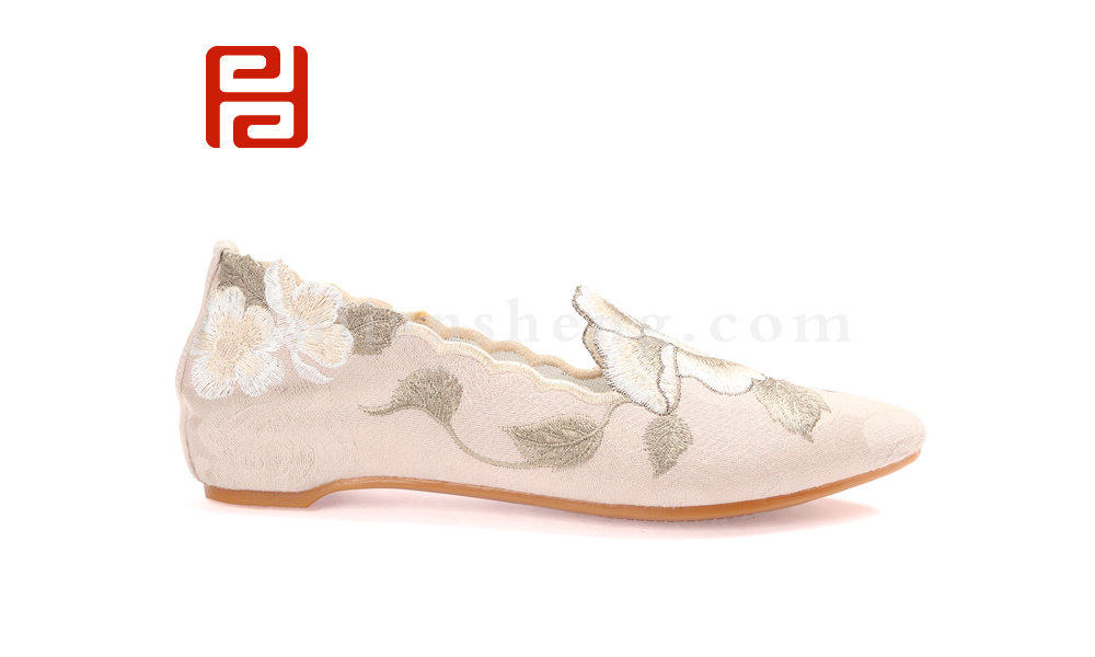 福連升2020春時尚休閑民族風3D刺繡亞麻布面女單鞋(圖2)